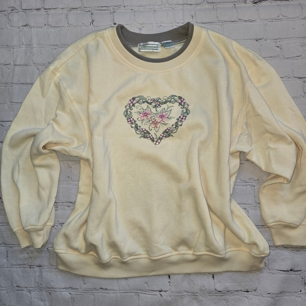 Vintage Shenanigans Yellow Floral Heart Embroidered Sweatshirt XL Grandma Chic